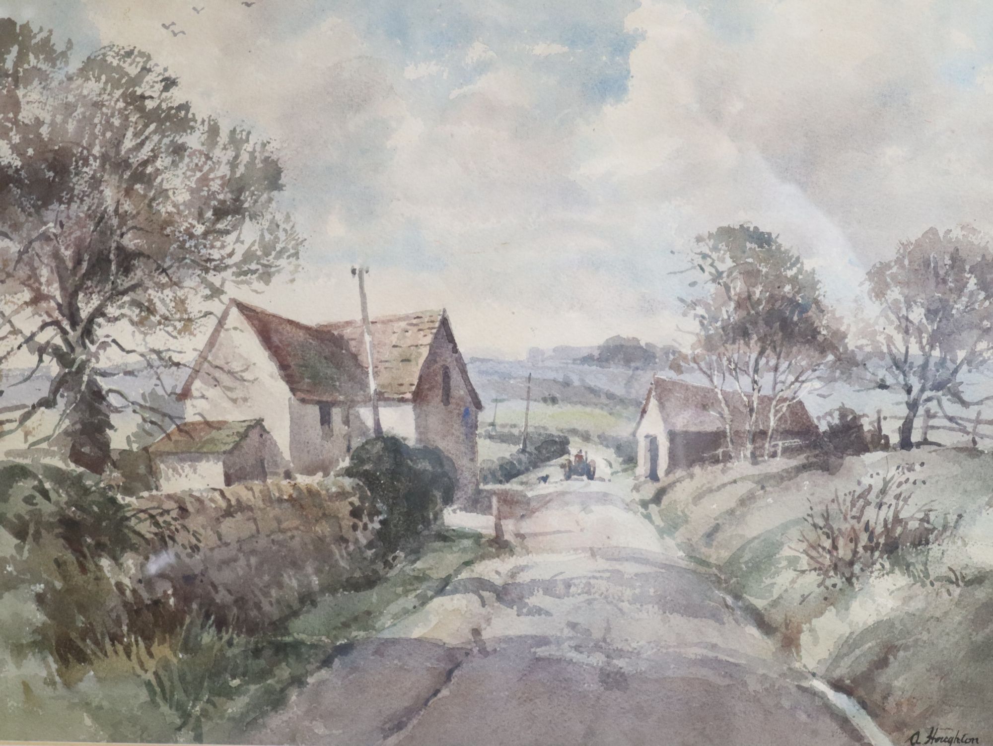 Albert Houghton (Wapping Group), watercolour, Rustic landscape with tractor on a lane, signed, 36 x 48cm